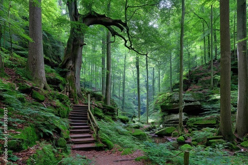 Lush green forest path with mossy rocks and wooden steps