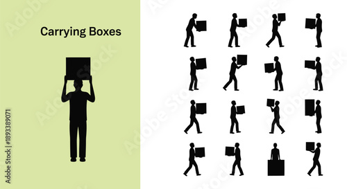 Collection of black silhouette icons illustrating various manual handling techniques for safely lifting and carrying rectangular boxes during moving or shipping activities