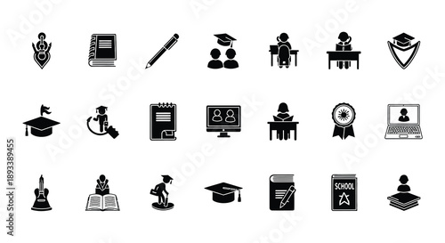 Collection of black and white icons representing education and learning