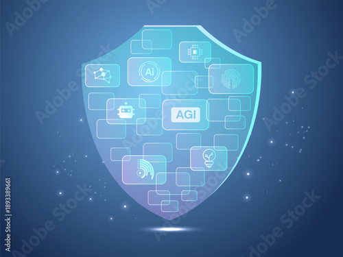 Cyber Security with futuristic holographic shield showing data visualization cyber security, ai technology, robotic, big data, Artificial general intelligence vector illustration design concept.