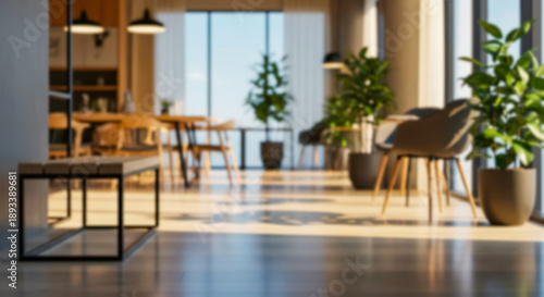 Blurred modern office waiting area or lounge with natural light, blurred interior view of contemporary furniture, potted plants, and large windows creating a bright, professional atmosphere