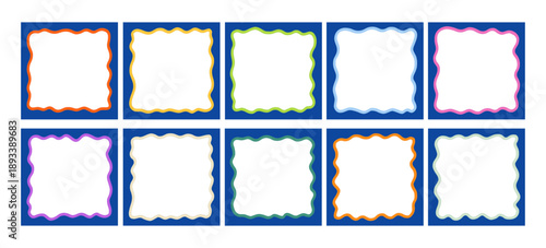 Wavy Square Frame Kit. Square Scallop Cute Wave Picture Border Collection. Scallop Wavy Frame Shape Set. Vector Illustration