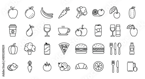 Line art illustration of various fruits vegetables and food items