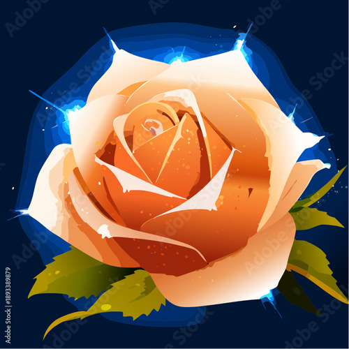 A peach-colored rose flower vector illustration with green leaves and sparkling effects on a dark blue background.