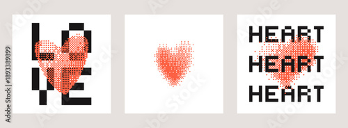 Bitmap texture effect card set. Halftone gradient Y2K heart. Pixel love typography. Abstract vector design for Valentines day