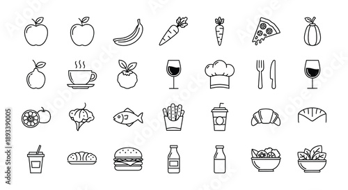 Line art illustration of various fruits vegetables and food items