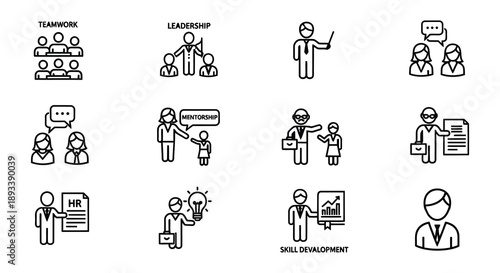 Business icons depicting teamwork leadership hr and skill development concepts