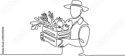 Farmer with vegetables continuous one line drawing. Farmer holding box with full of vegetables in single line art illustration. one line Art icon drawing