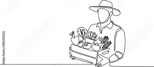 Farmer with vegetables continuous one line drawing. Farmer holding box with full of vegetables in single line art illustration. one line Art icon drawing