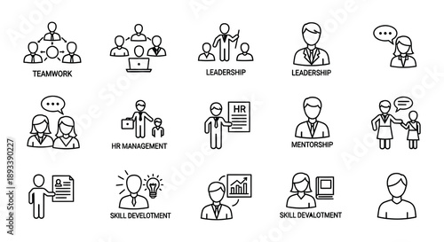 Business icons depicting teamwork leadership hr and skill development concepts