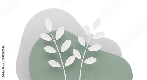 Minimalist White Leaves on Abstract Green and Grey Shapes