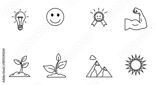Black and white line icons depicting ideas happiness strength and nature