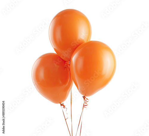 Three vibrant orange balloons clustered together, tied with thin strings against a black background