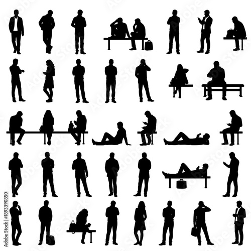 A set of 32 black vector silhouettes of people in transition moments. People starting to walk, stopping, turning, changing direction, slow movement states. 