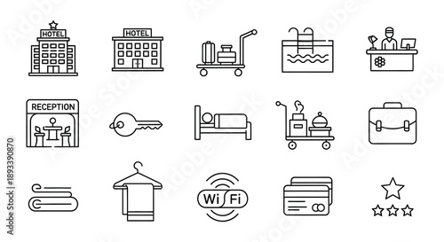 Hotel and travel related line icons set for hospitality services