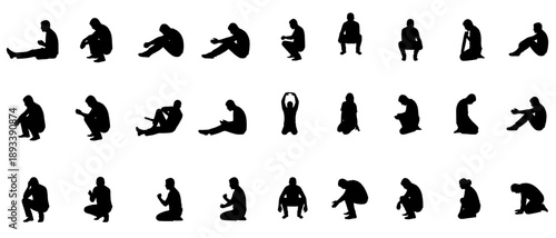 Set of 36 people silhouettes in various sitting, squatting and resting positions: seated on floor, crouching, kneeling, relaxed poses and waiting positions. 