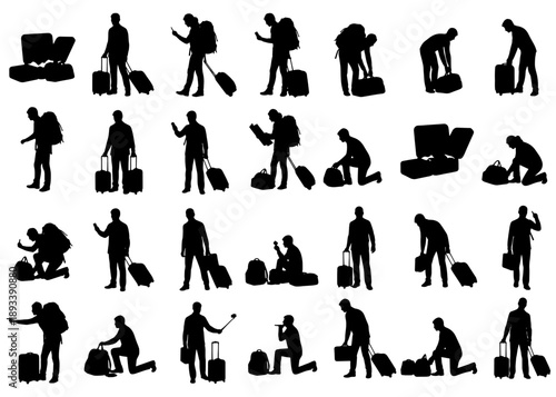 Set of 36 traveler silhouettes in different airport and travel situations: standing with suitcase, carrying bags, bending to pick up luggage, waiting, checking phone, sitting and preparing 