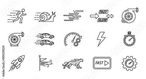 Line art icons depicting speed velocity and performance concepts