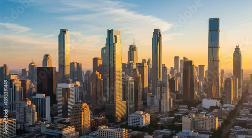 Striking aerial view captures numerous towering modern skyscrapers bathed in the warm golden light of sunrise over a sprawling metropolis.