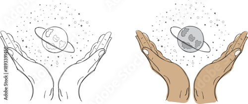 Hands holding planet earth with stars line art illustration set, eco-friendly environment protection concept, minimalist celestial space vector design