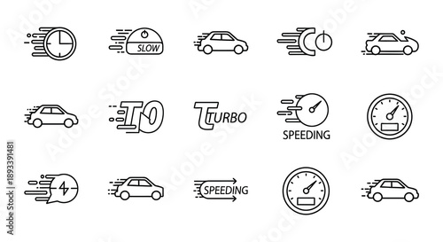 Line art icons depicting speed velocity and performance concepts