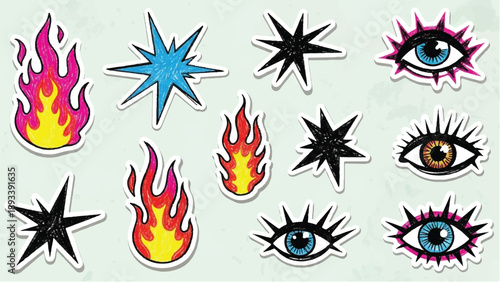 Crayon lightning, fire and star doodle shapes set. Hand drawn charcoal graffiti punk pencil simple scribble element. Flash lightning fire star pastel punk rock vector grange