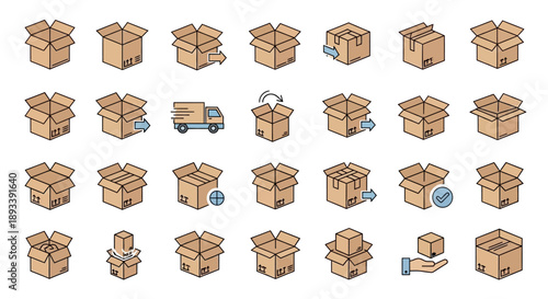 Cardboard Boxes Icons Set for Delivery and Storage