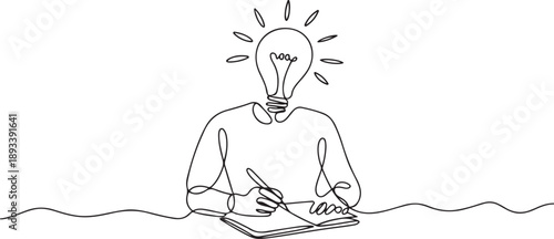 Head lamp person replace with bulb lamp writing notes continuous one line drawing. one line Art icon drawing