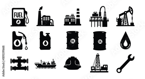 Black silhouettes depicting oil industry equipment and related symbols