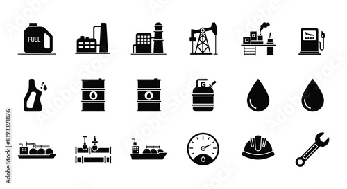 Black silhouettes depicting oil industry equipment and related symbols