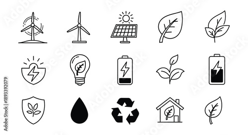 Black and white icons representing renewable energy and environmental concepts