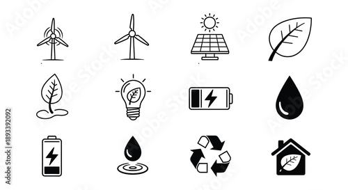 Black and white icons representing renewable energy and environmental concepts