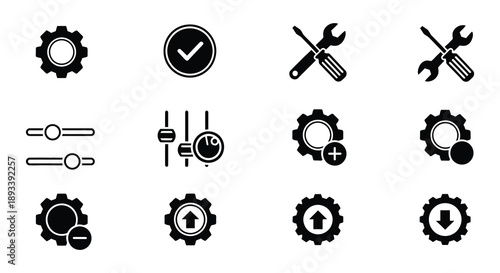 Collection of black and white technical support and maintenance icons