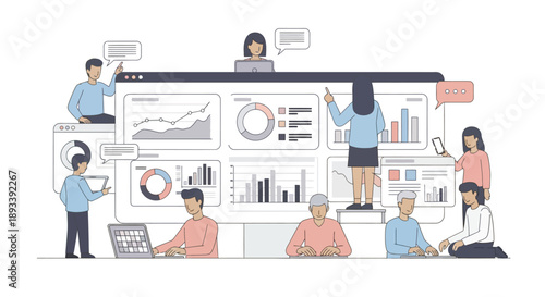 Diverse team of professionals collaborating effectively around a large digital dashboard displaying various business analytics charts and graphs for strategic planning