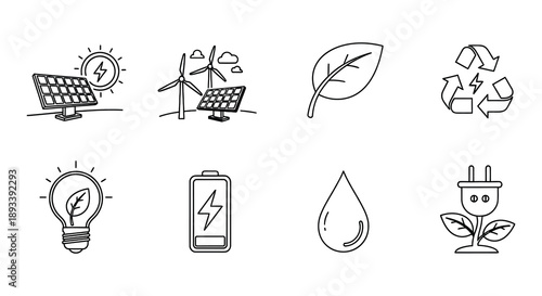 Black and white icons representing renewable energy and environmental concepts