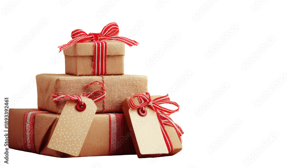 Fototapeta premium Stacked gift boxes, kraft paper wrapped, adorned with red and white ribbon bows and tags