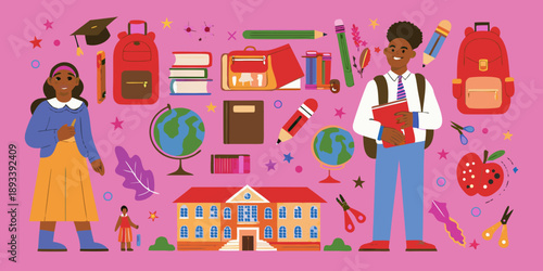 Back to school illustration featuring students supplies and a school building