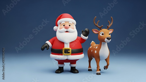 3D Santa Claus Standing with Reindeer Christmas Character on Studio Background