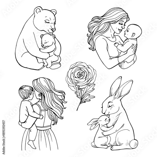A delicate line art collection featuring mother and child moments, baby animals with their moms, and a blooming ranunculus. Gentle outlines convey tenderness, love, and family warmth, perfect for