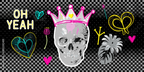 A vibrant skull illustration with a crown hearts and playful text