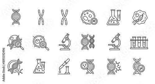 Scientific research icons depicting biology genetics and laboratory equipment
