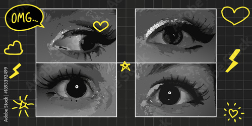 A collage of expressive eyes with playful digital illustrations