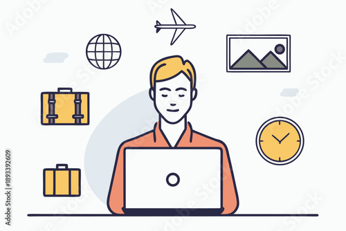 Businessman working on laptop with travel icons