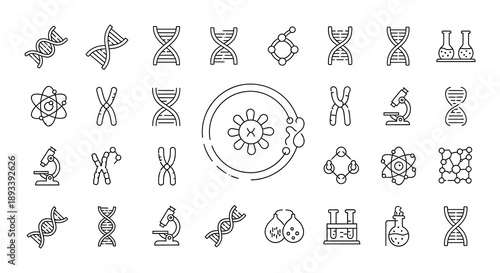 Scientific research icons depicting biology genetics and laboratory equipment