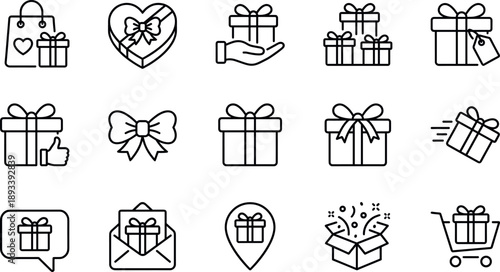 Gift and present line icon set including shopping bag, heart box, delivery, birthday surprise, reward, and celebration symbols.