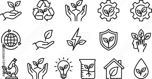 Green ecology line icon set, environmental sustainability symbols, renewable energy and nature conservation graphics, eco friendly business growth,