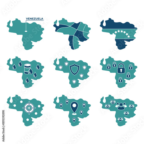 Editable vector map set of Venezuela, depicting global issues, resources, and geography, a patriotic nation in South America with various symbolic signs