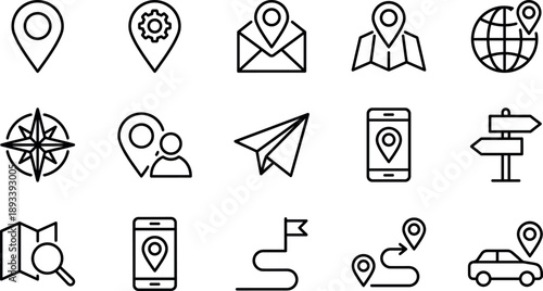 Navigation and location line icon set featuring map pins compass direction signs mobile tracking gps address and route symbols