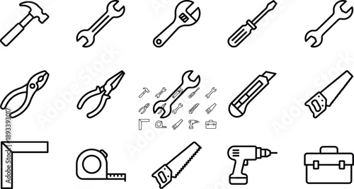 Professional hardware tool line icon set featuring hammer, wrench, screwdriver, pliers, saw, drill, tape measure and construction equipment