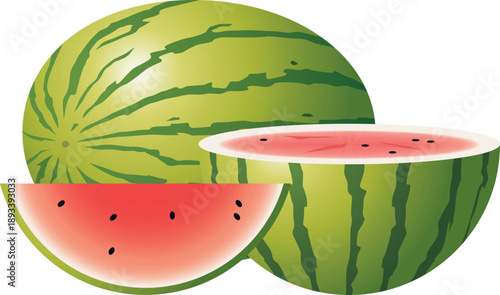 A colorful vector illustration of watermelons, a popular hydrating summer fruit with edible seeds and rind, known for its sweet, juicy flesh and nutritional benefits.